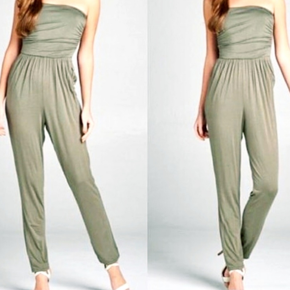 Olive green tube top jumpsuit